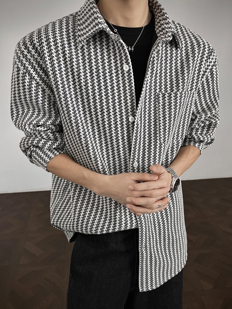 Camicia da uomo in stile retrò americano, con motivo a spina di pesce pesante, primavera autunno, di alta qualità, con colletto rovesciato_voghion.com