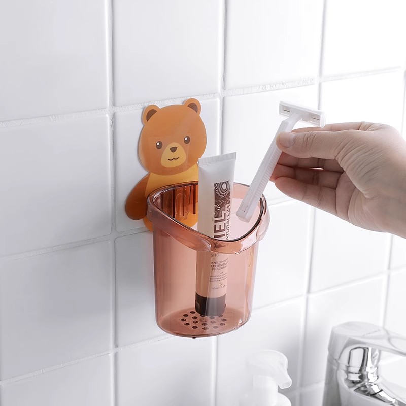 (2개) 곰 배수구 보관 랙 컵 홀더 펀치없는 칫솔 보관 랙 기숙사 보관 욕실 벽걸이 보관 상자