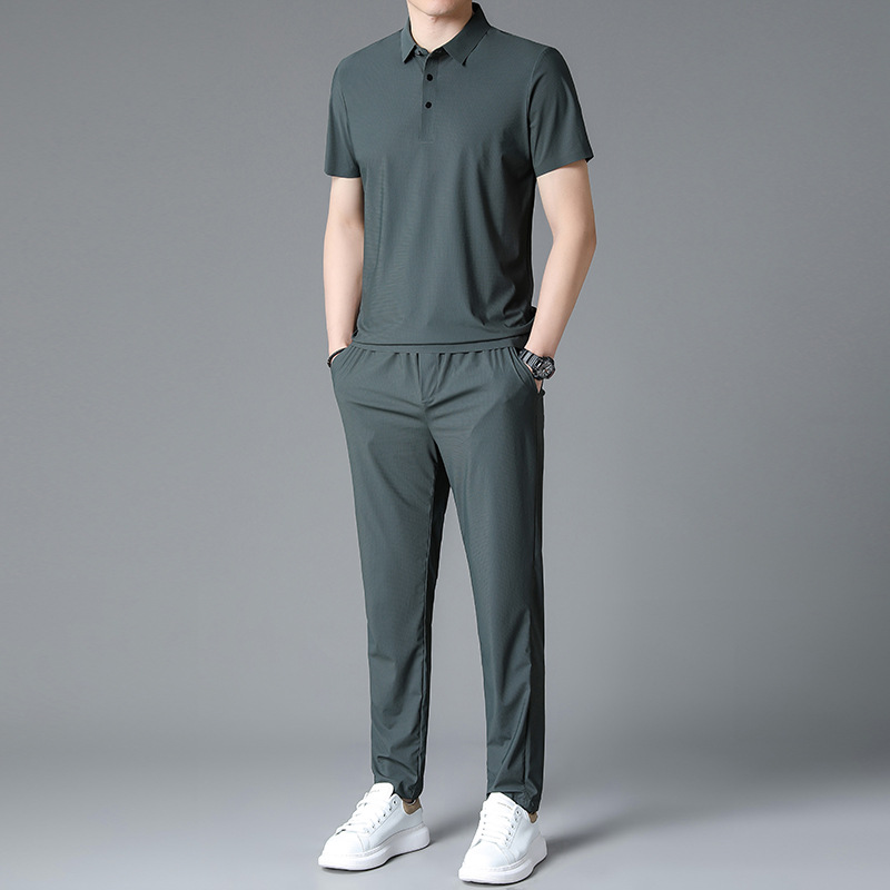 100% Mulberry Silk Business Casual Short-sleeved suit Men's Traceless T-shirt Polo Shirt Two-piece Set for Middle-aged Dad