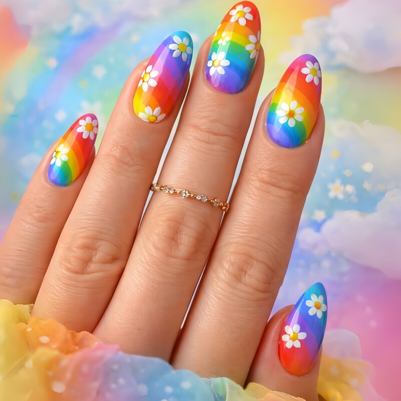 Rainbow Striped Daisy Press-On Nails, Reusable Cute Y2K Spring Nail Art, Fashionable European and American Style Nails Rainbow Striped Daisy Press-On Nails, Reusable Cute Y2K Spring Nail Art, Fashionable European and American Style Nails
