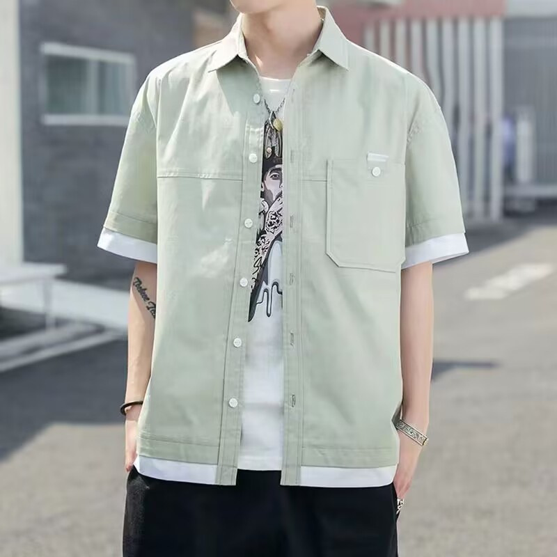 Fake Two-piece Crock Short-sleeved Shirt Men's Summer Thin Loose Printed Half-sleeved Shirt Men's Fashionable Casual Jacket