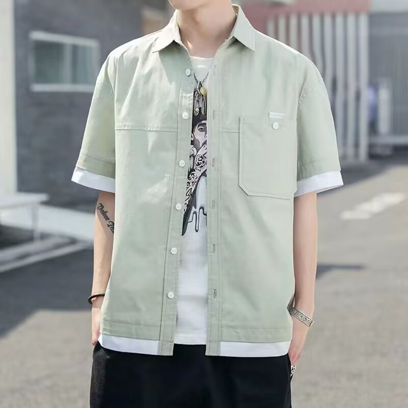 Fake Two-piece Crock Short-sleeved Shirt Men's Summer Thin Loose Printed Half-sleeved Shirt Men's Fashionable Casual Jacket