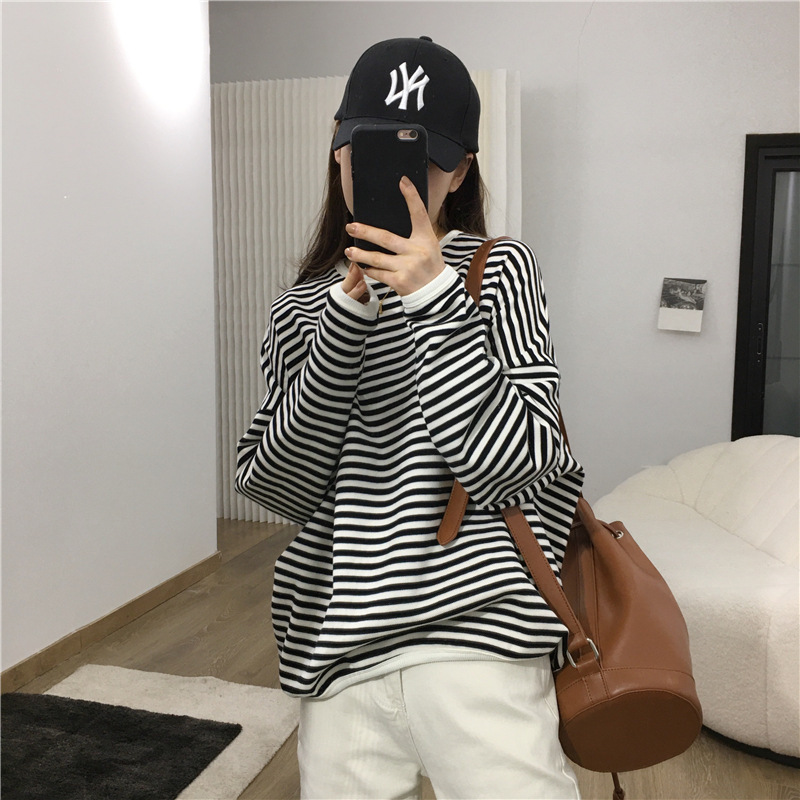 Striped Sweatshirt for Women, Thin Korean Style, Loose Fit, Pure Cotton, Early Autumn Top, Oversized Casual Jacket, Mid-Length, Versatile