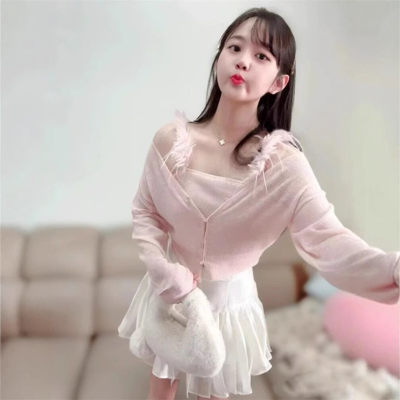 【Yibai】Cross-Border Japanese-Style Haruka Izumi Same Style New Ostrich Feather Knit Cardigan Set of Two 953 #