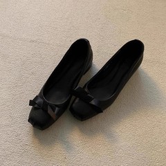 シープスキンバージョン~レトロスクエアトゥバレエシューズレディース太ヒールブラック本革靴リボン浅口通勤婦人靴