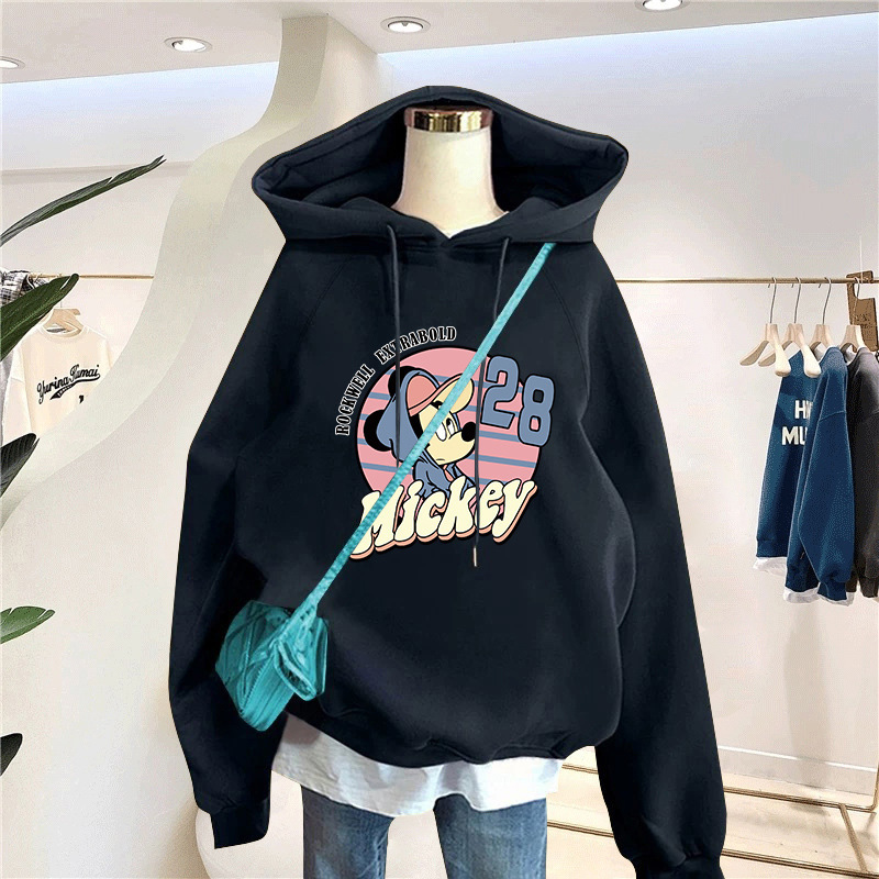 3320 Autumn/Winter Mickey Mouse Hooded Sweatshirt for Women, Fleece-Lined, 2026 New Style, Loose Fit, Plus Size, Versatile Long Sleeve Top, Trendy