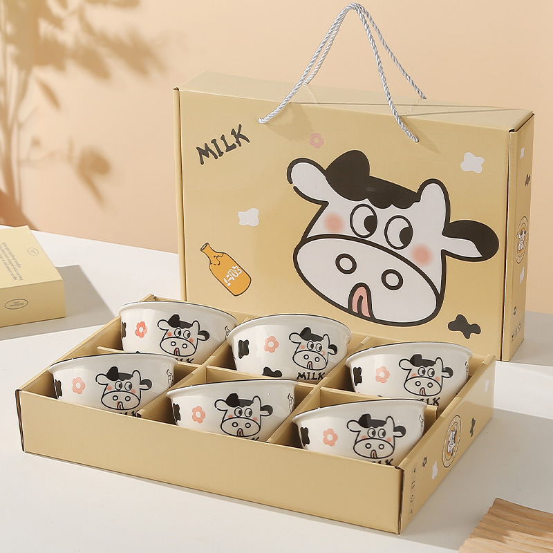 Cute Cow Ceramic Tableware Bowl and Chopsticks Set for Opening Events, Promotions, Wedding Favors, Small Gifts Wholesale