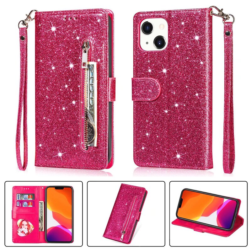 Suitable for iPhone 17 Glitter Zipper Case, Apple 16 Card Slot Flip Wallet Leather Case, S24 Protective Case Suitable for iPhone 17 Glitter Zipper Case, Apple 16 Card Slot Flip Wallet Leather Case, S24 Protective Case
