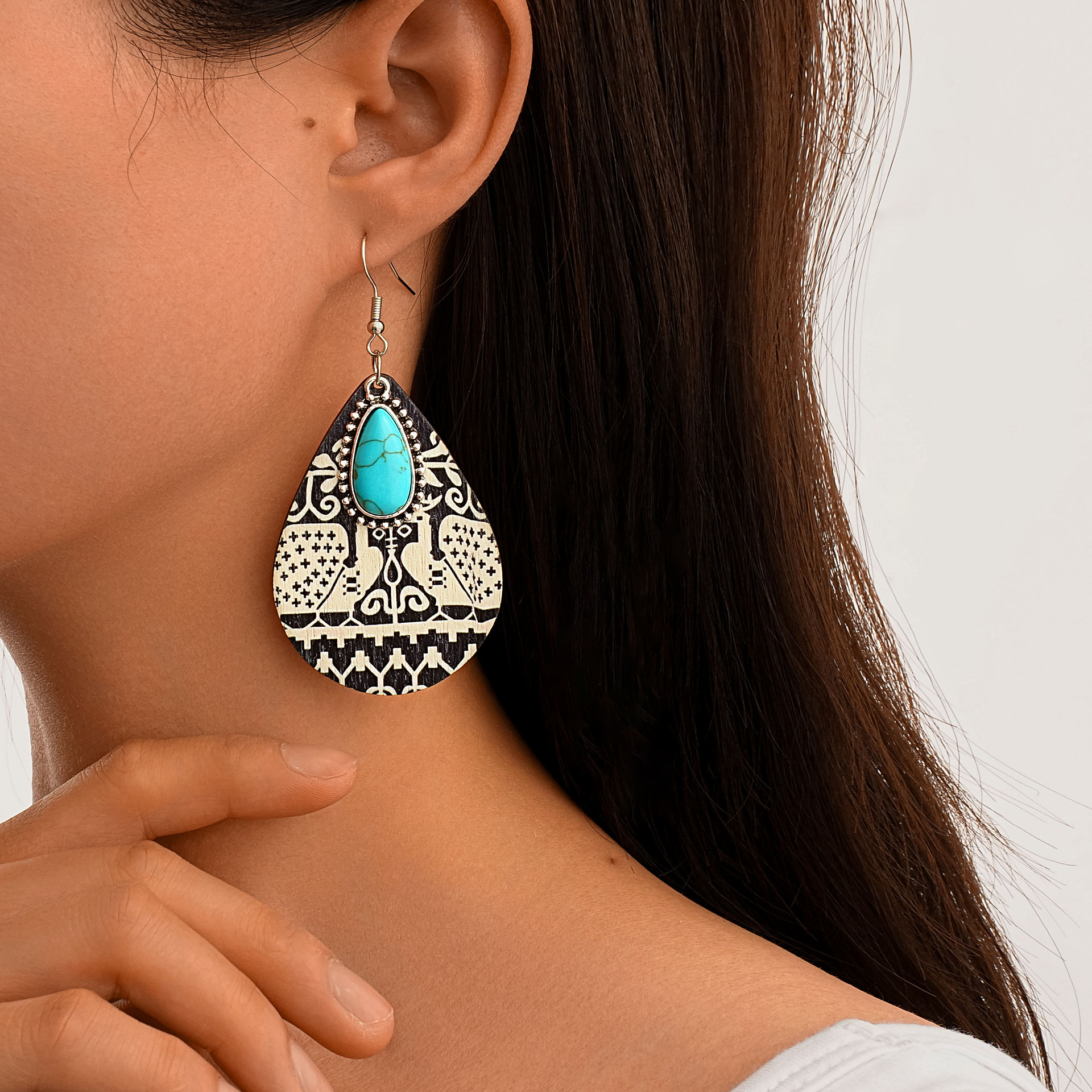 Retro wooden turquoise earrings drop-shaped