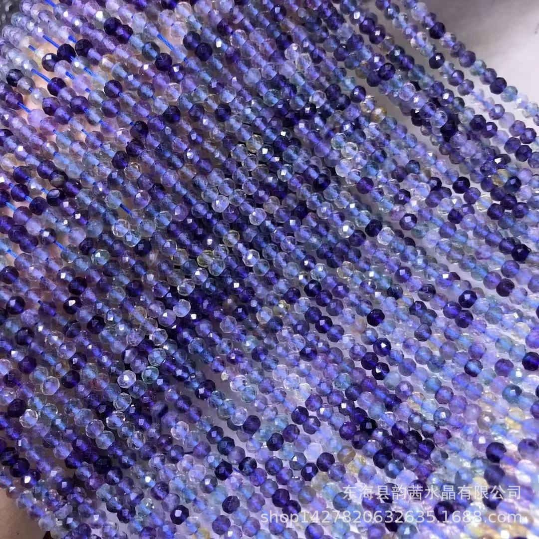 天然3x4紫色彩萤石 切面刻面盘珠散珠 钻石切角扁珠足球面半成品