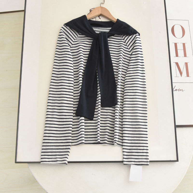 Women's Export Clothing Detachable Shawl Collar Knitwear 2026 Autumn Elegant Casual College Style Striped Top