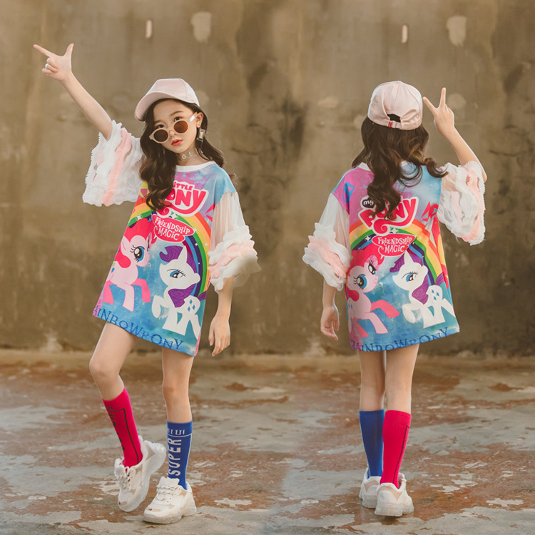 夏季新款儿童T恤裙半袖女童洋气中长款女宝宝宽松小马卡通裙子潮