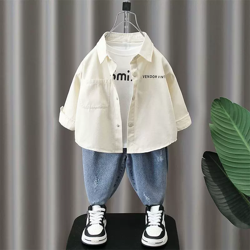 男童春秋装套装儿童长袖衬衫2023春秋季新款时髦宝宝帅气两件套潮