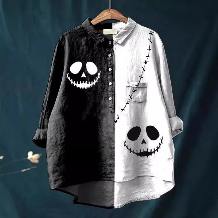 Dameskleding nieuwe casual mode Halloween patroon print dames half open knoop overhemd_voghion.com