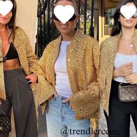 秋季新品欧美跨境女装街头个性金色珠片饰夹克口袋外套潮牌