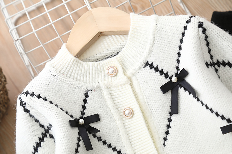 Xiaoxiangfeng Mädchenpullover, zweiteiliges Strickset für Kinder, neues Damen-Strickjackenset mit Schatzschleife_voghion.com