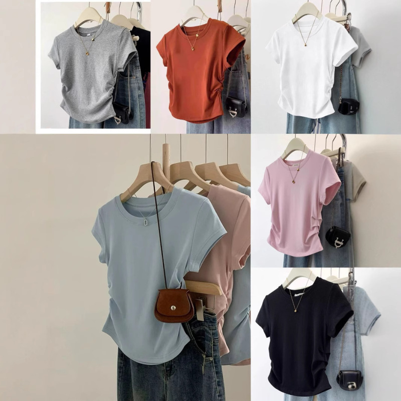 Combed Cotton Small Man Waist Shoulder Short Sleeve Cotton T-shirt Women's Summer Design Sense Spring and Summer European Goods Small Shirt Explosion Top