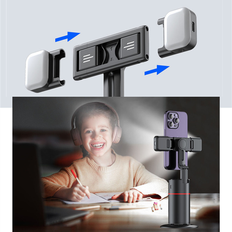 Reconocimiento de rostro AI transfronterizo Soporte de teléfono móvil de escritorio giratorio de 360 ° Fotografía de video en vivo panorámica y cabeza de cámara