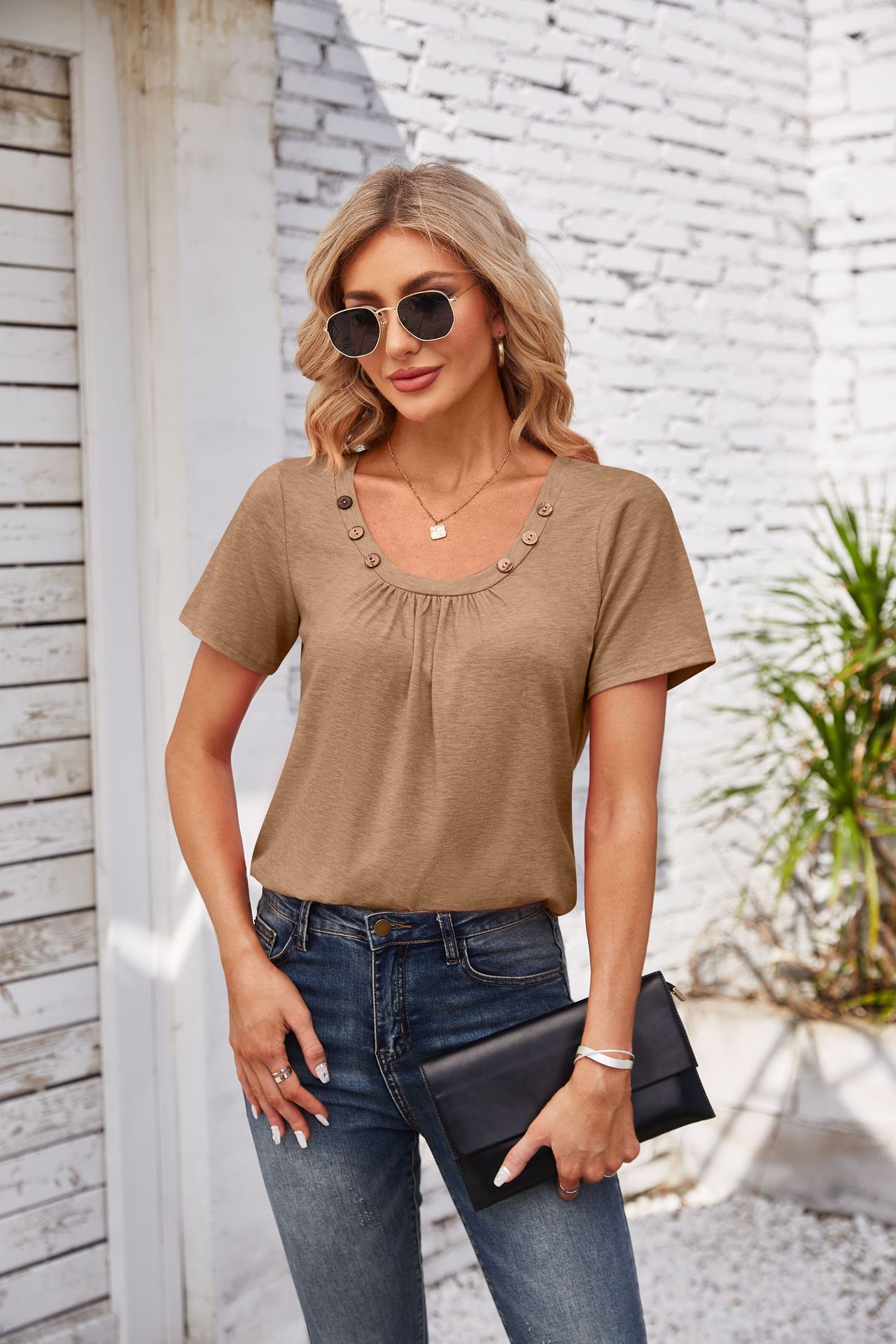 Women's T-shirt Short Sleeve T-Shirts Patchwork Simple Style Solid Color display picture 30