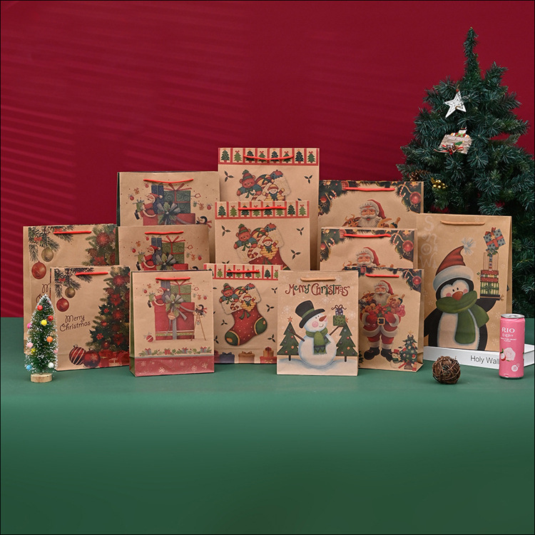 新款圣诞印花包装纸彩色牛皮纸袋圣诞节节日礼物礼品手提袋批发