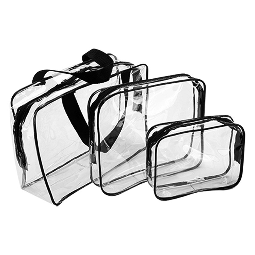 Bolsa de almacenamiento de cosméticos de PVC transparente, portátil, de tres piezas, con separación de seco y húmedo, de gran capacidad, disponible en stock, para viajes de negocios y viajes.