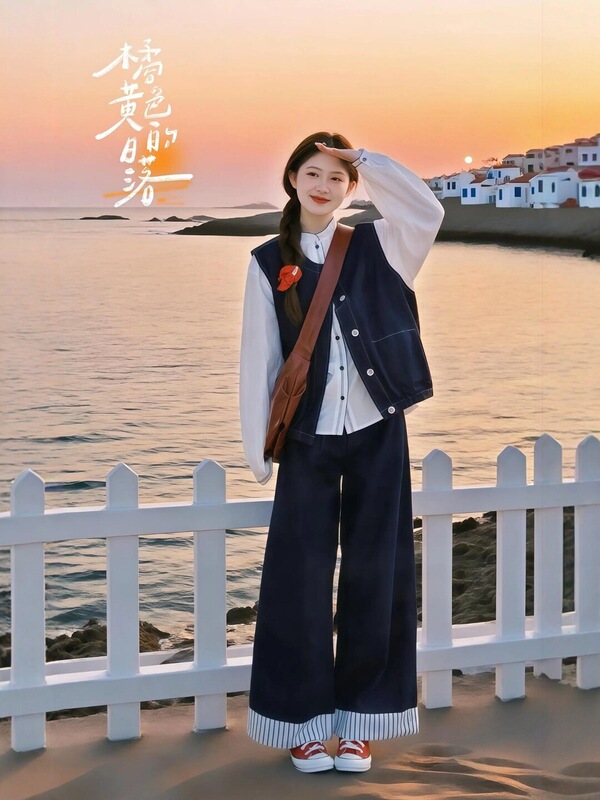 Spring Outfit with a Complete Set of High-End, Youthful, Retro Denim Vest, Shirt, and Wide-Leg Pants Three-Piece Set for Women Spring Outfit with a Complete Set of High-End, Youthful, Retro Denim Vest, Shirt, and Wide-Leg Pants Three-Piece Set for Women