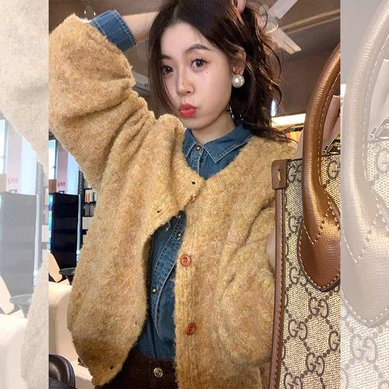 曾小咸韩系蓝色复古牛仔衬衫外套女秋冬毛衣宽松上衣早秋流行套装|undefined