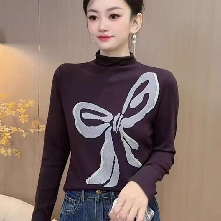 一件代发2025秋季新款时尚半高领洋气百搭蝴蝶结印花打底衫上衣女|undefined