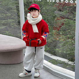 冬季中大男童棉服毛衣冬装童装儿童男孩虎头圆领红色拜年服过年衣