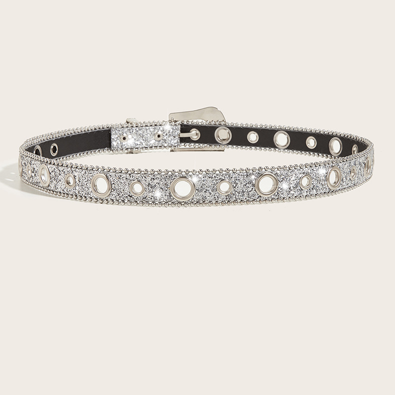 2024 New Fashion Versatile Water Diamond Willow Nail Silver Needle Button Thin Belt Women's Jeans Belt Dress Decoration Narrow Accessories_viptrois.com