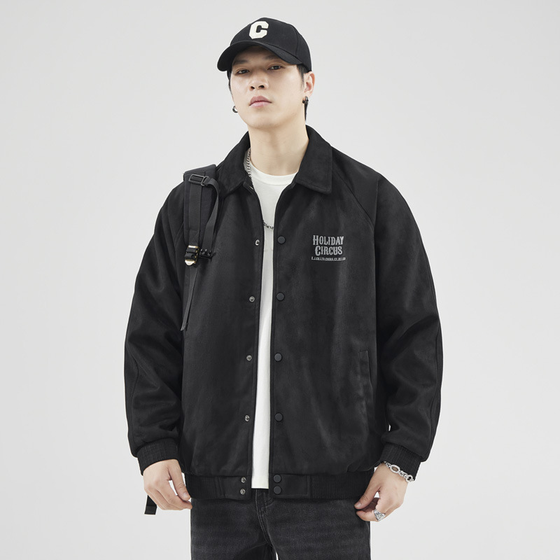 Veste de baseball à revers en fourrure de cerf vert gris pour hommes, ample, tendance automne et hiver, 380 g, américaine_voghion.com