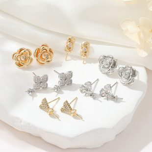 14k bag gold zircon pearl earring holder personality camellia four-leaf clover earrings female empty holder diy earrings accessories