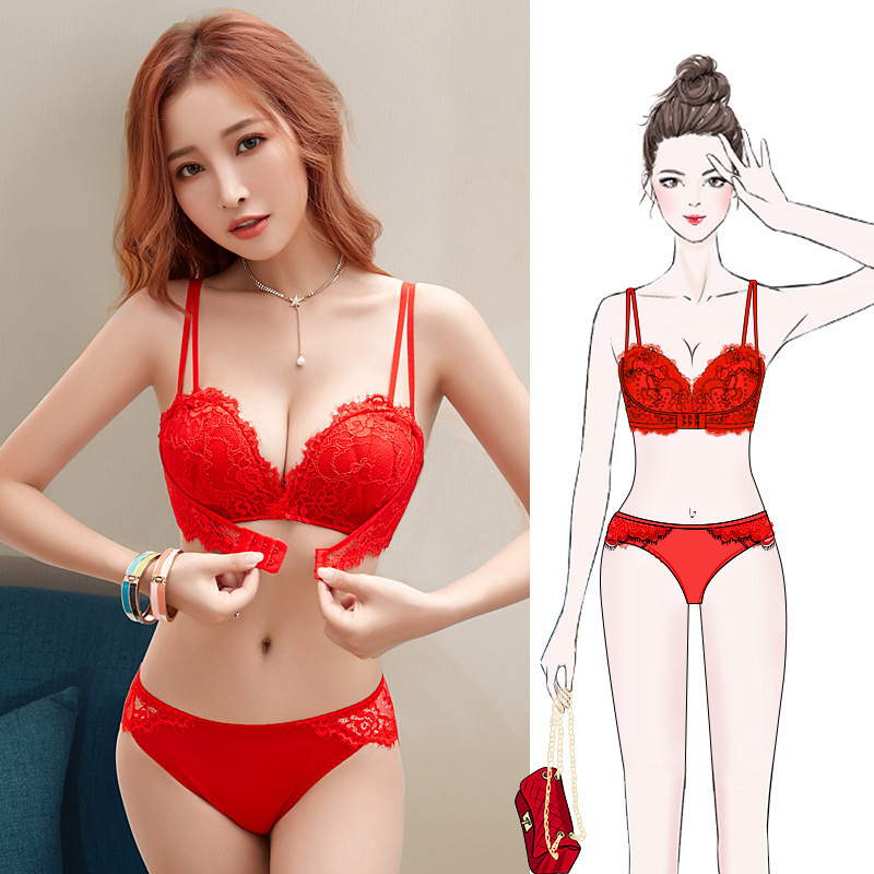 Big Red Sexy Underwear Set Women's Wedding Bride Lace Bra This Year of Life No Steel Ring Gathering Small Chest Bra Big Red Sexy Underwear Set Women's Wedding Bride Lace Bra This Year of Life No Steel Ring Gathering Small Chest Bra