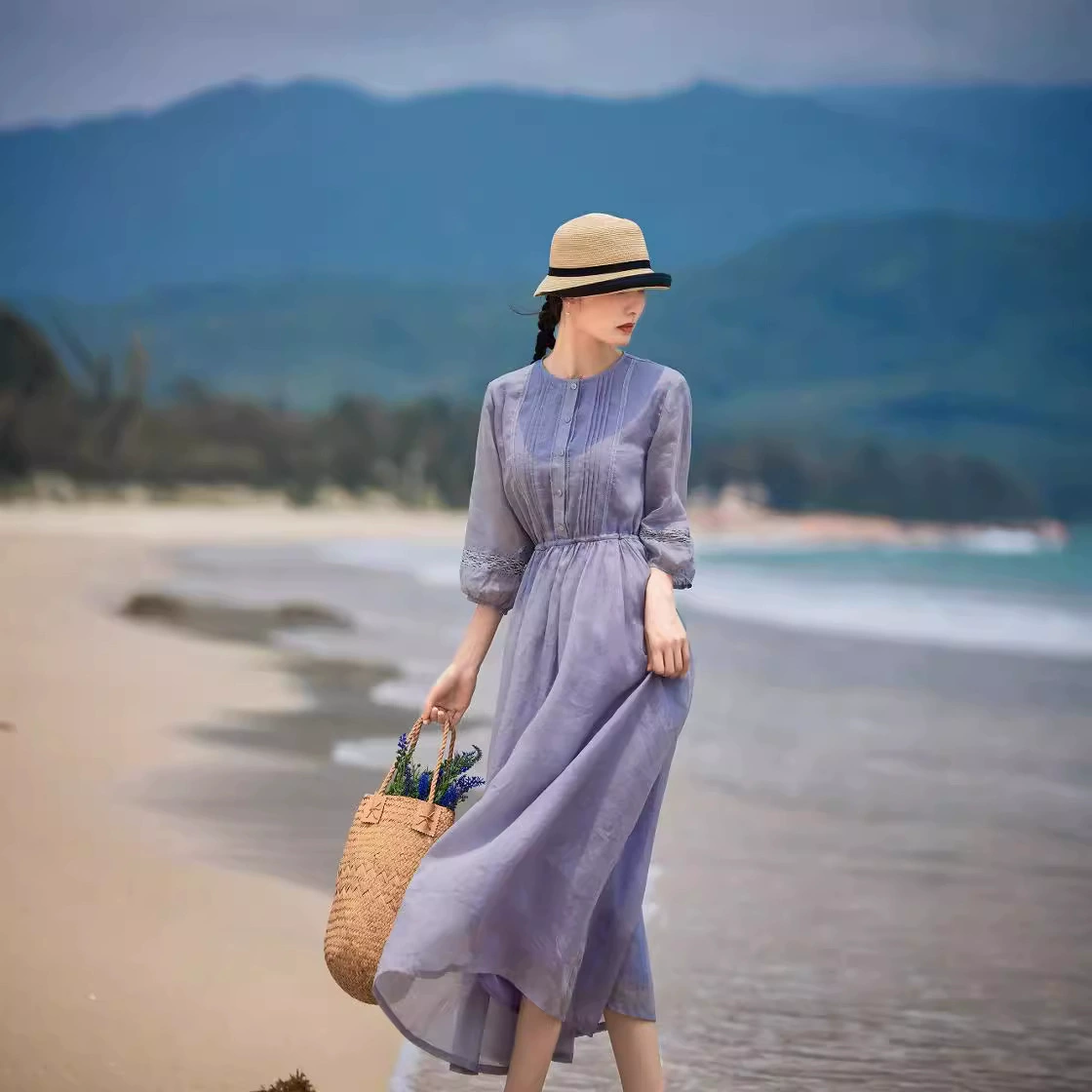 2023 Весна и Лето Новое Белое элегантное тонкое кружевное платье рами с рукавами-фонариками и кружевом тонкое платье