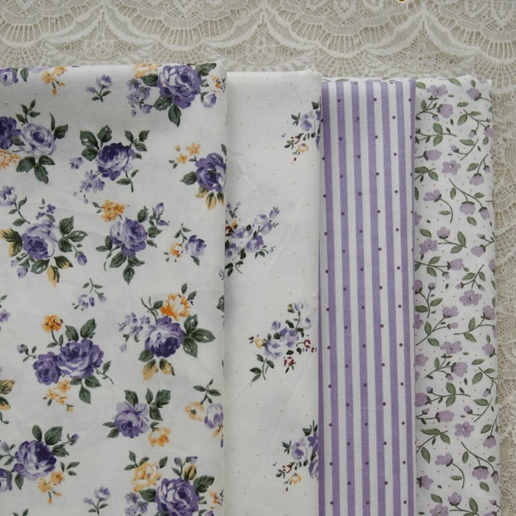 PopoHouse玫瑰紫小碎花条纹斜纹棉布料连衣裙服装面料手工diy