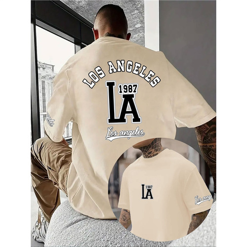 Cotton [Fashion] Letter Men and Women Unisex T-Shirt Short Sleeve Men and Women European Size Casual Print Sport Los Angeles T-Shirt