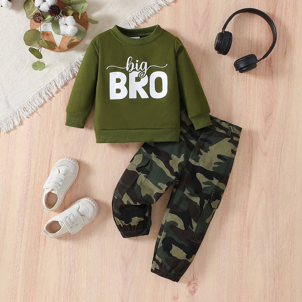Ensemble deux pièces décontracté pour garçons, vêtements d'automne pour enfants, sweat à capuche à manches longues et pantalon camouflage avec lettres_voghion.com