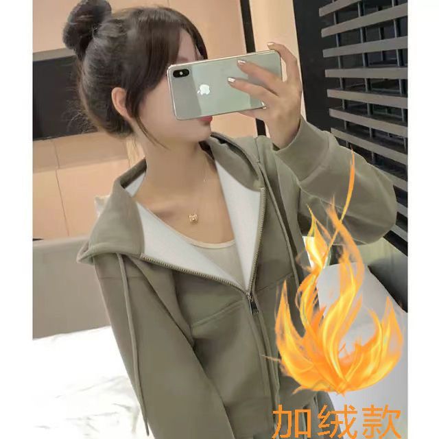 秋冬即墨加绒连帽卫衣外套女设计感短款长袖上衣小个子休闲开衫潮|undefined