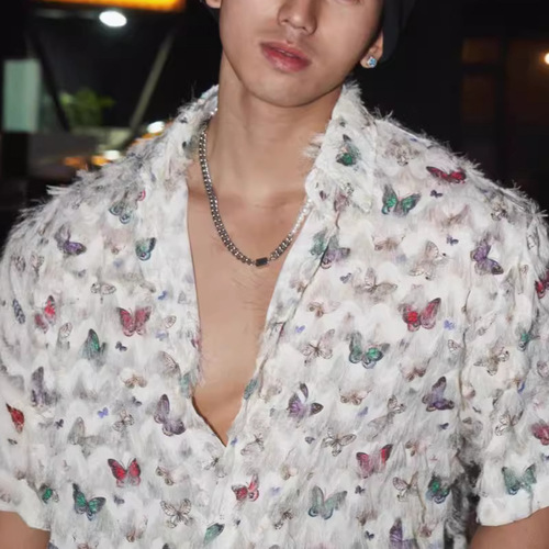 American Retro Butterfly Print Loose Short Sleeve Shirt Jacket Men Fashion Summer 3D Fringe Original Shirt