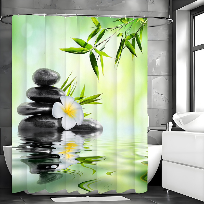 Temu Cross-Border E-Commerce Green Zen Style Shower Curtain Stone Orchid Bathroom Shower Curtain United States Europe North America