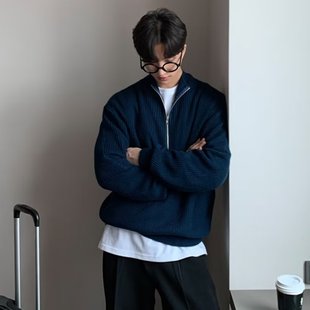 Korean Autumn Half Zip Outer Sweater Men's Handsome All-match Vertical Collar Sweater Top Pullover Coat Trendy