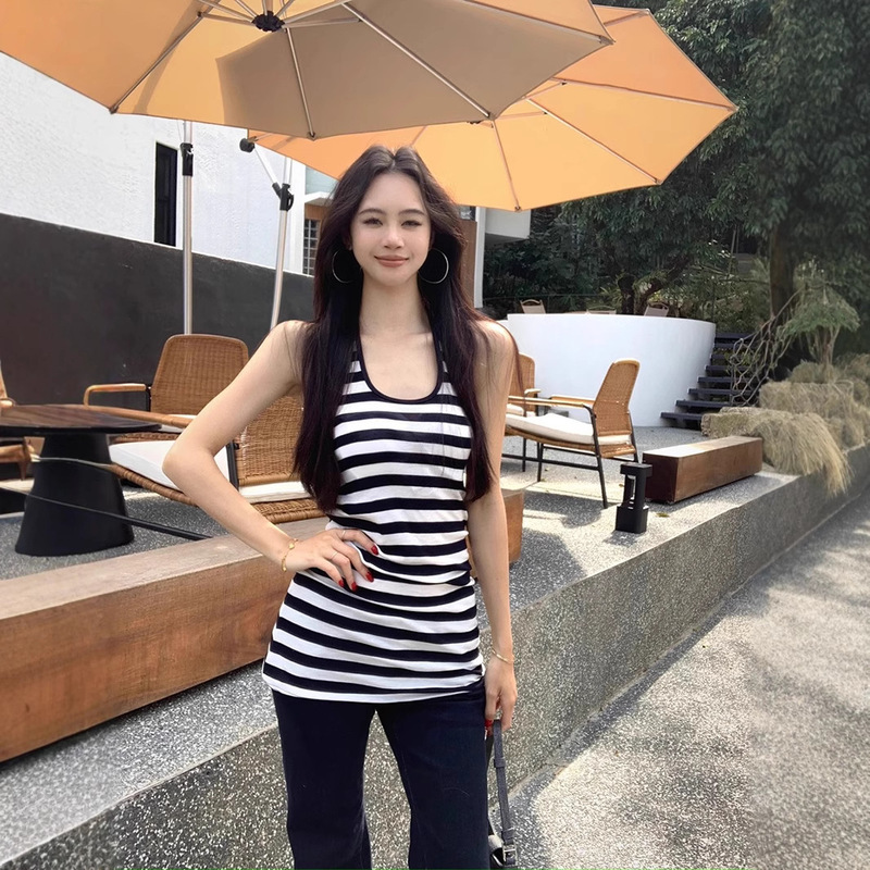 Hot Girl Style Black and White Striped Halter Vest Women's Summer Design Backless Mid-length Sleeveless Top