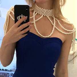 欧美跨境饰品珍珠颈链肩链新娘礼服手工编织流苏多层串珠身体链