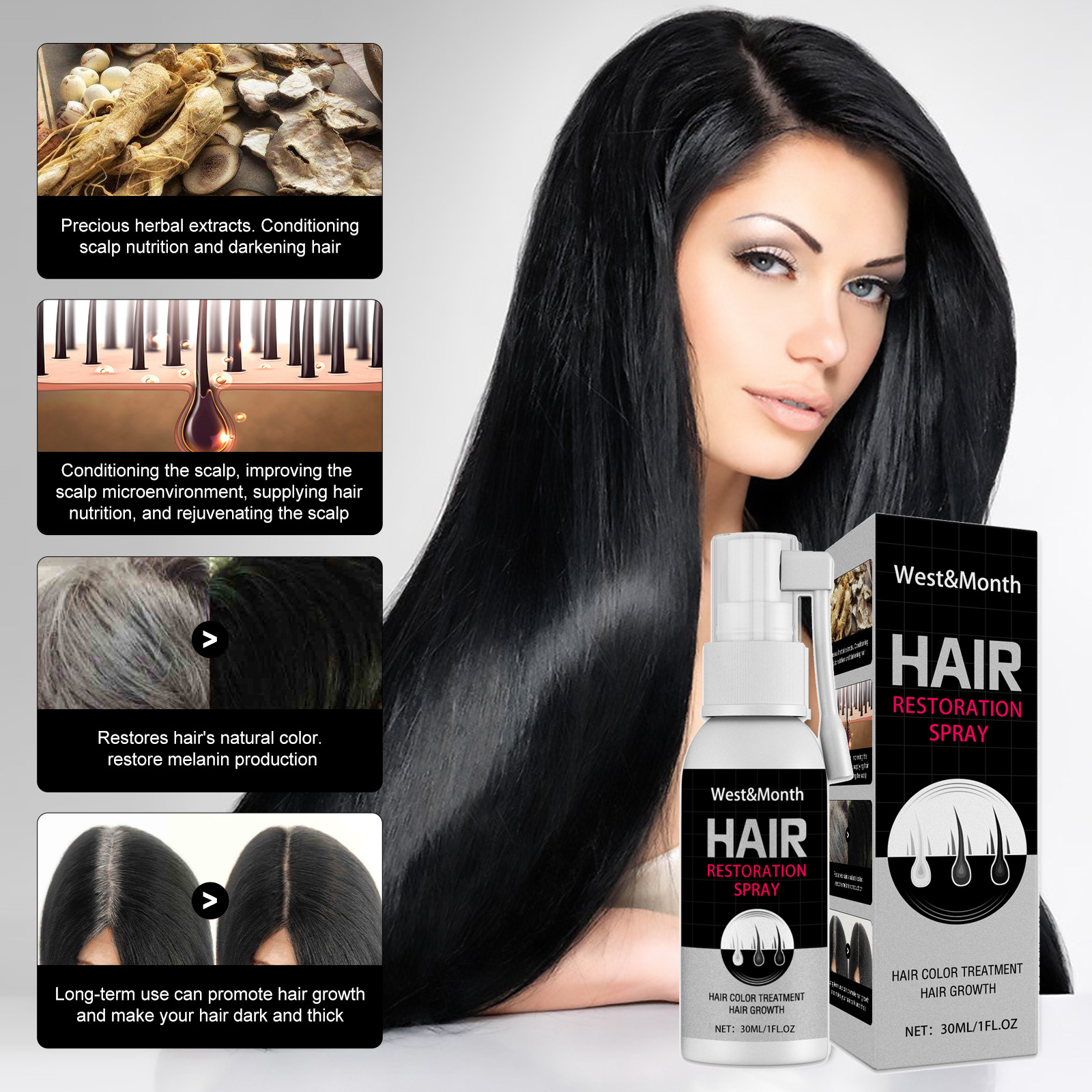 West Month Black Hair Spray Plant Extract Smooth Nourishing Massage Scalp Strengthening Hair Black Hair Spray