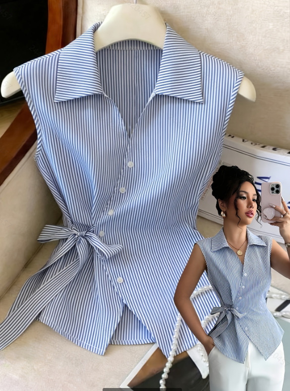 Qadın zolaqlı yay üstü, beldən bağlanan slim model