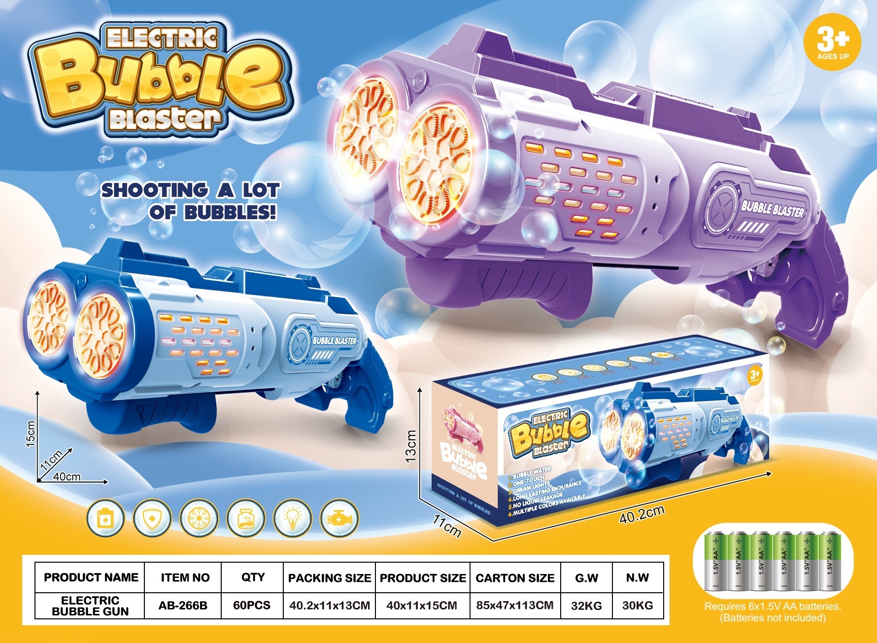 Pistola de burbujas eléctricas porosas de doble cabeza, máquina de burbujas automática para niños de mano, Gatlin