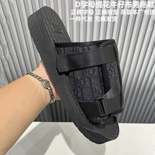 D字母男拖鞋柬埔寨金边越南跨境外贸鞋牛仔布织带交叉厚底一字拖