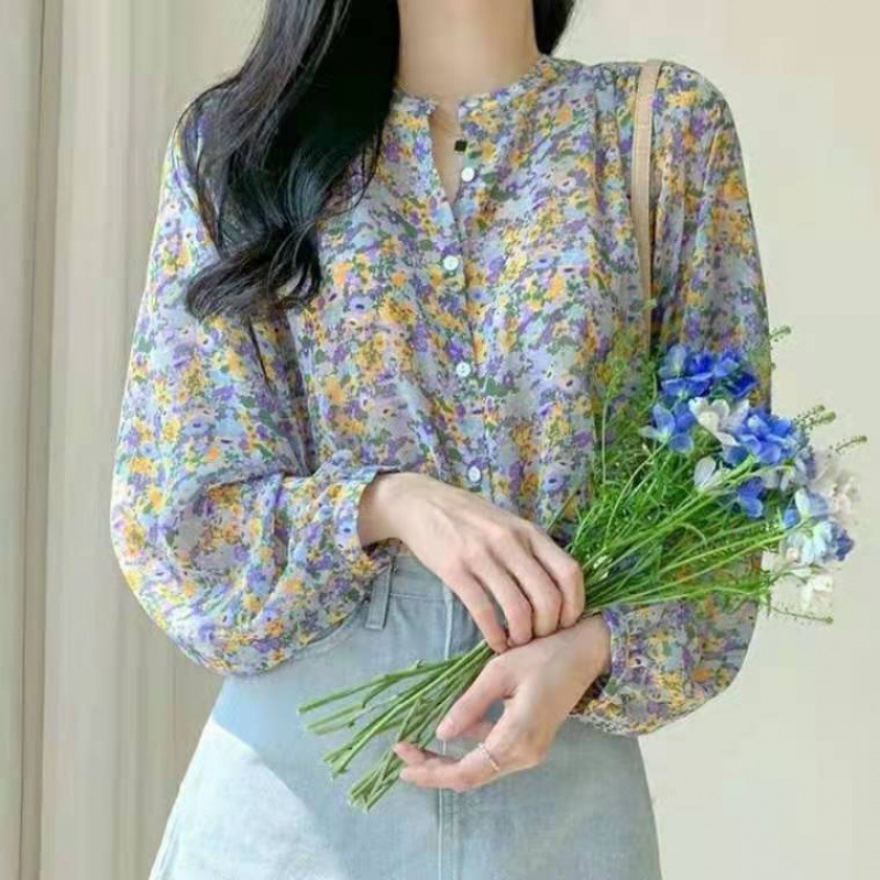 韩国chic甜美碎花雪纺衬衫女春季2023新款设计感小众长袖洋气上衣