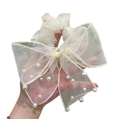 Netting Pearl Bead Bow Hair Cord Simple and Elegant Ponytail Headband with Fringe Hair Circle High-end Head Accessory 