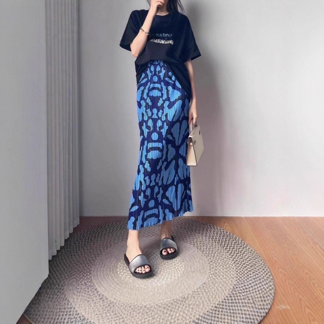 Pleated Skirt Printed Summer Miyake Thin High-Waist Slim Design Long Skirt Straight Slit Pleated Skirt